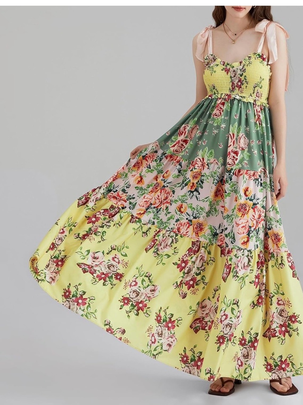 Free People Bluebell Yellow Floral Tiered Maxi Dress with Smocked Bodice size M
